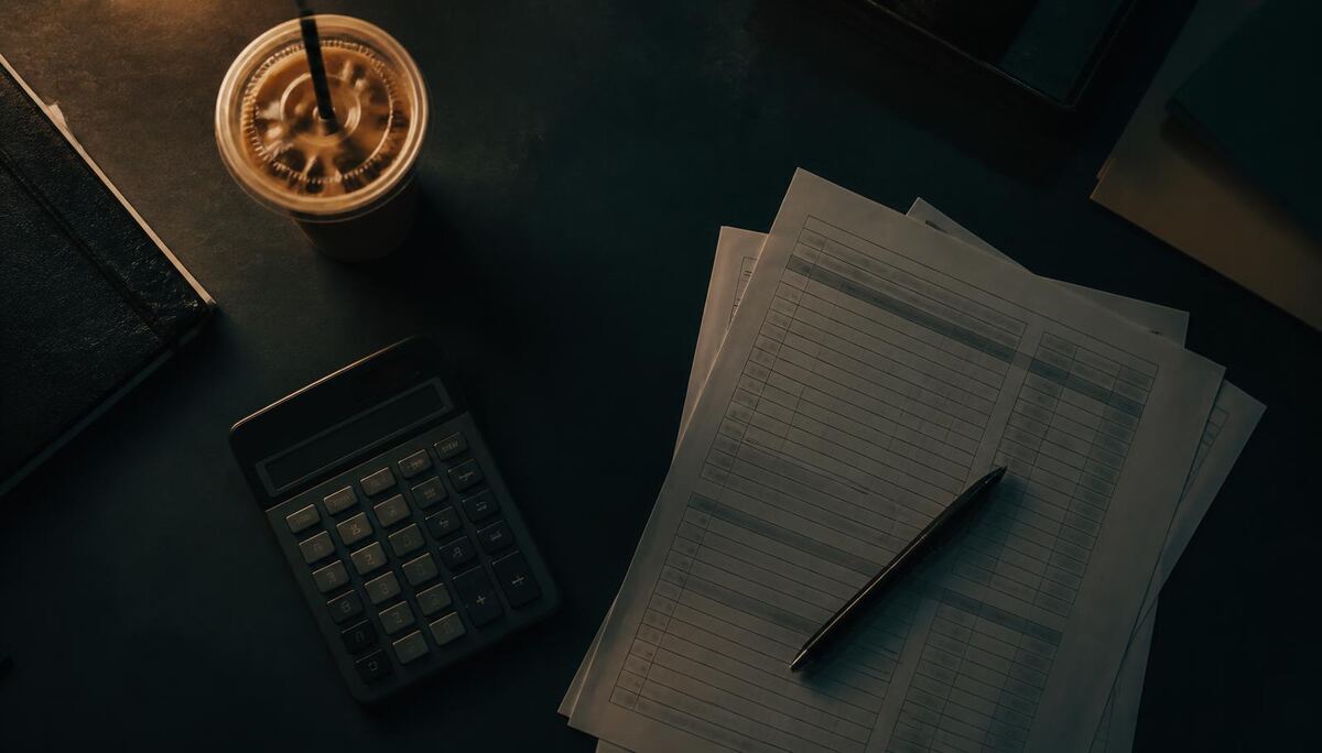 Overhead view of a dark desk with a calculator, printed ledger pages and a cold cup of coffee.