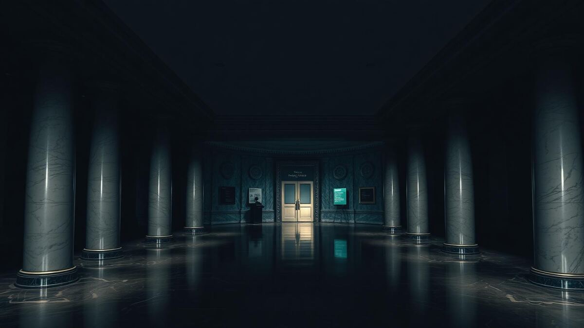 Dark polished stone banking hall interior in low light with deep teal architectural shadows.