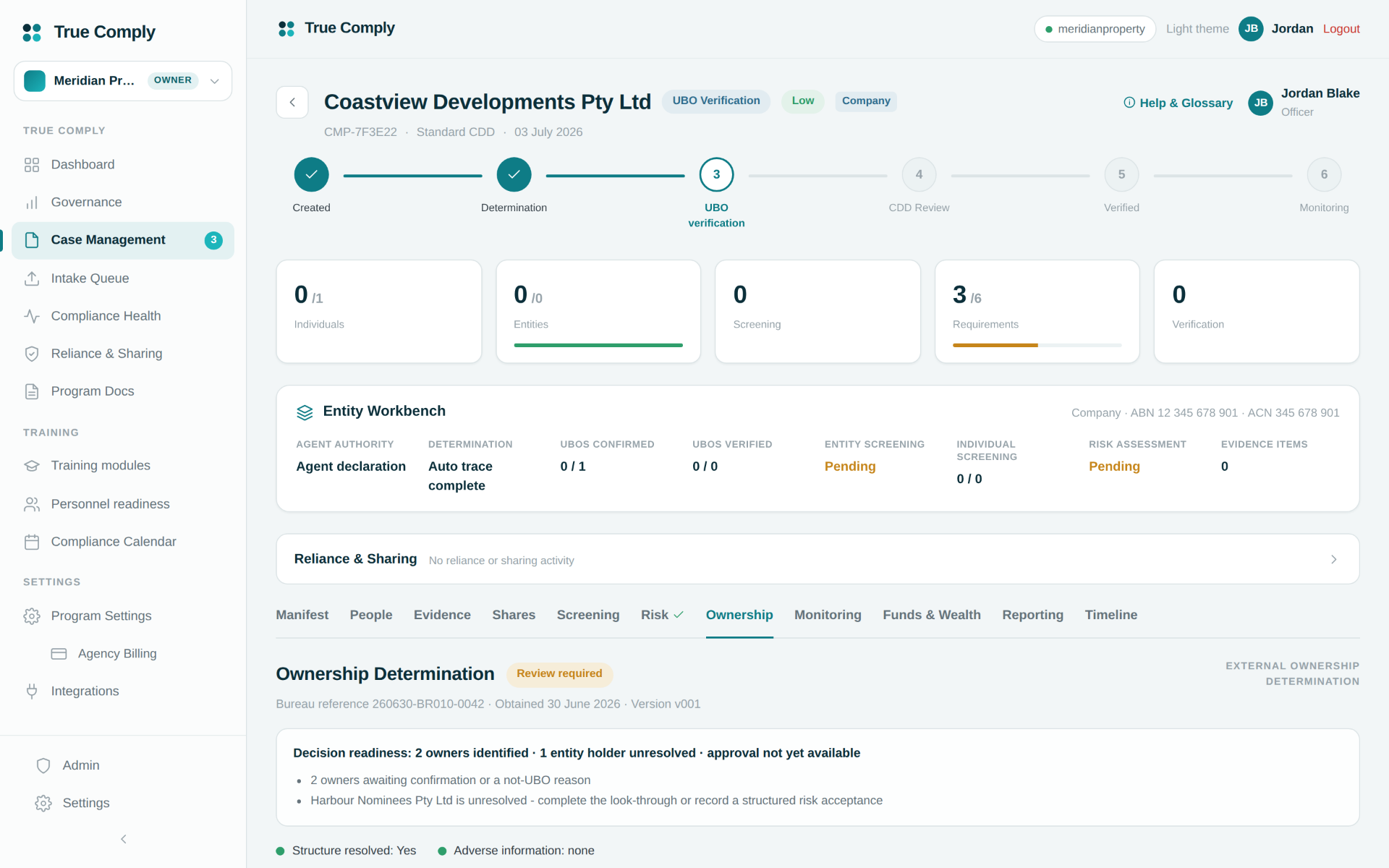 Company case detail showing UBO verification, ownership determination and entity workbench for Coastview Developments Pty Ltd.