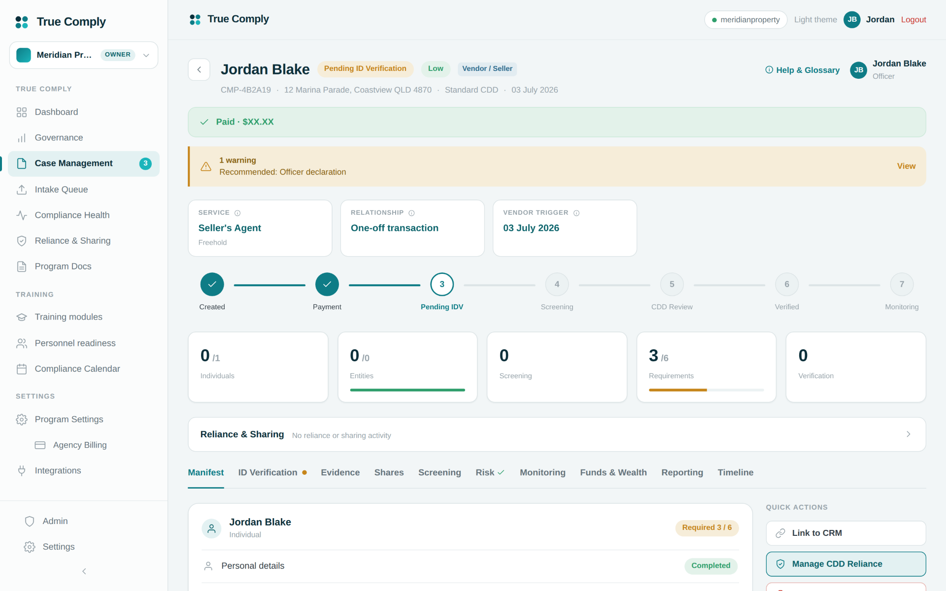 True Comply case detail for an individual client showing the CDD progress steps from Created through Monitoring.