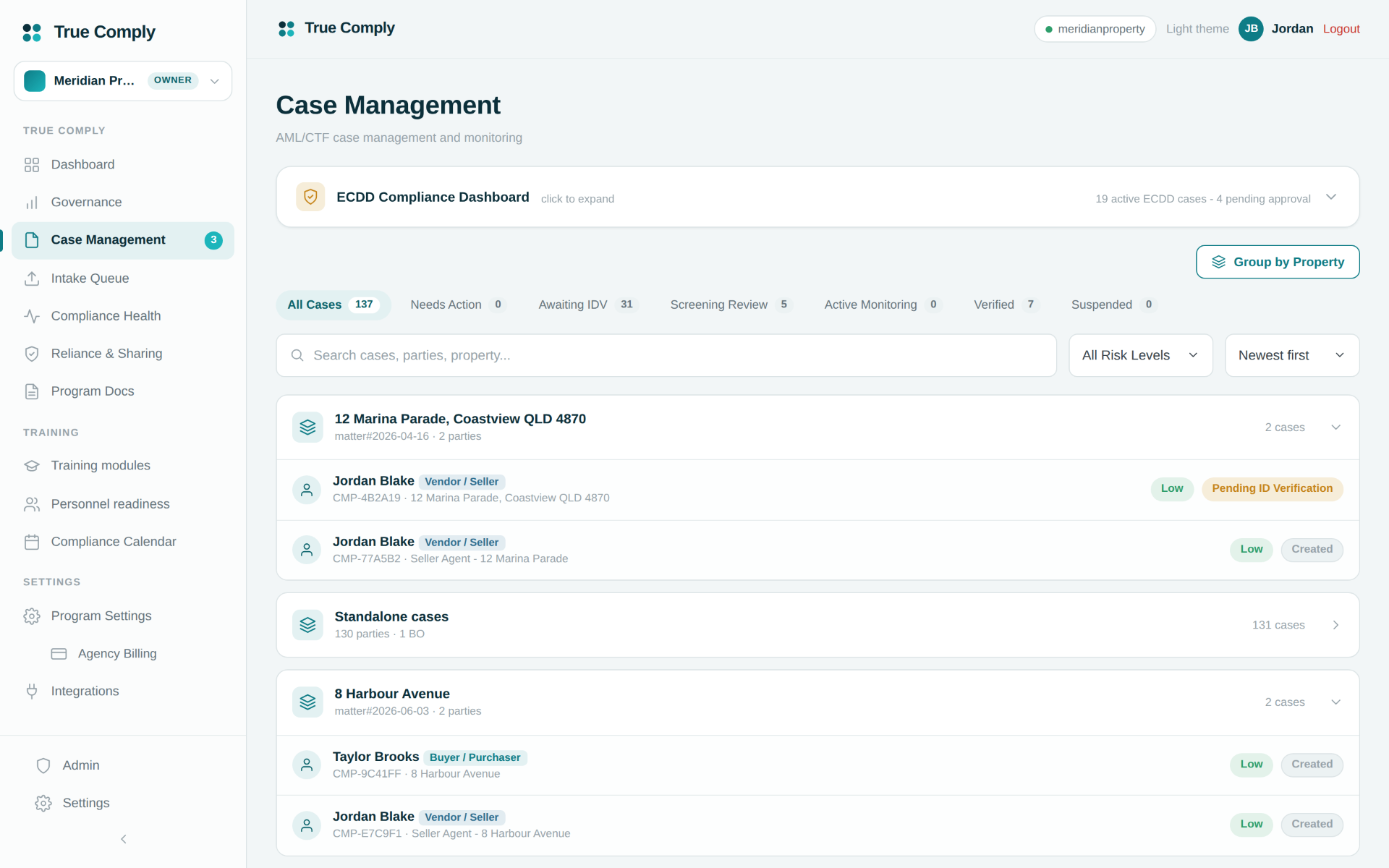 Case management list grouping AML/CTF cases by property, showing risk ratings and pipeline status across the client book.