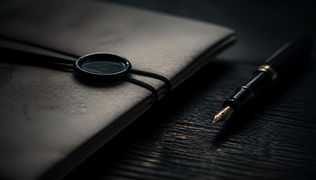 Close detail of a sealed legal document and a fountain pen on dark timber under a single raking light.