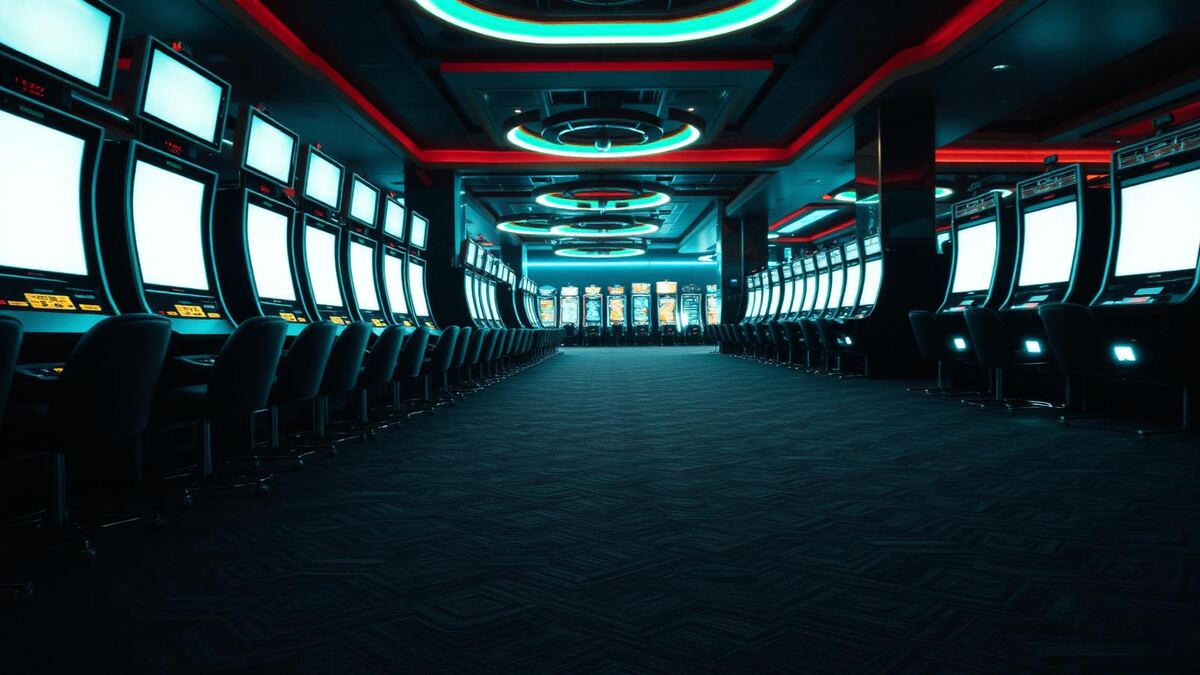 Dark empty gaming floor at closing time, muted teal ambient light across carpet and machine edges.