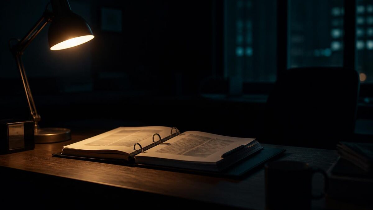 A single desk lamp lit over an open ring binder of printed pages on a desk in a dark office.