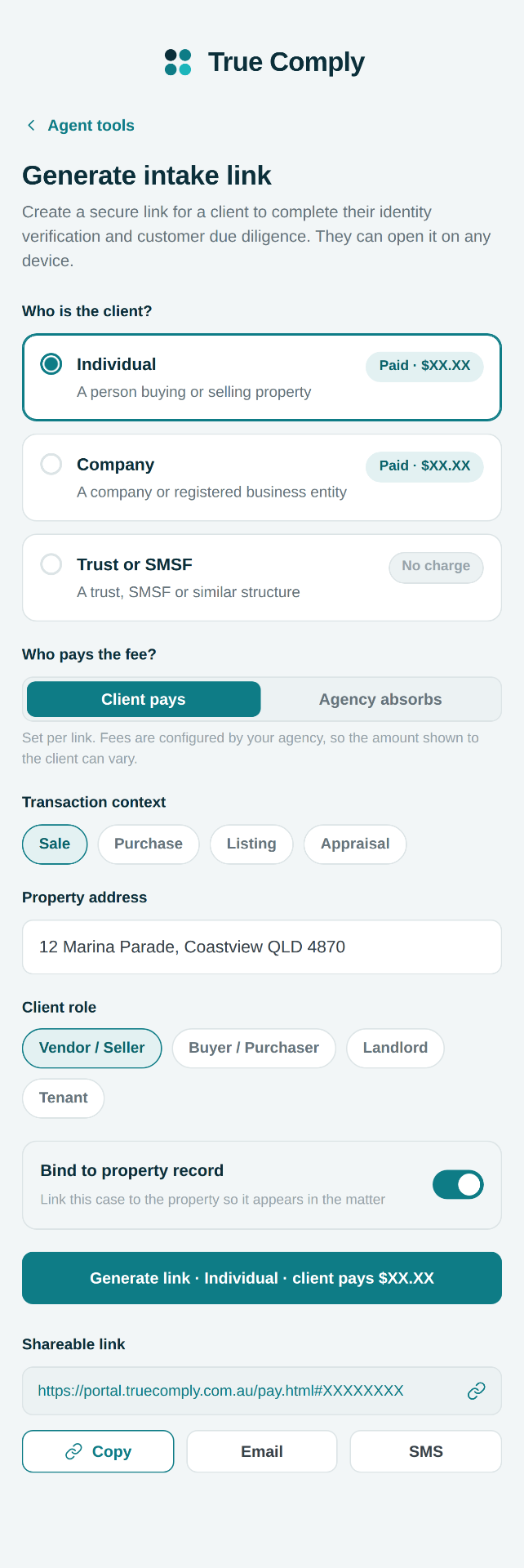 Mobile client intake screen where an agent generates a secure link for a client to complete identity verification and CDD.