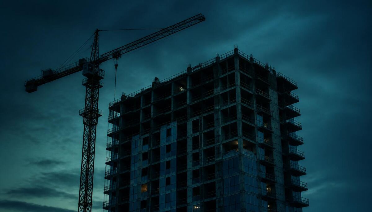 Partially completed apartment building at dusk against a deep blue-green sky with a crane silhouette.