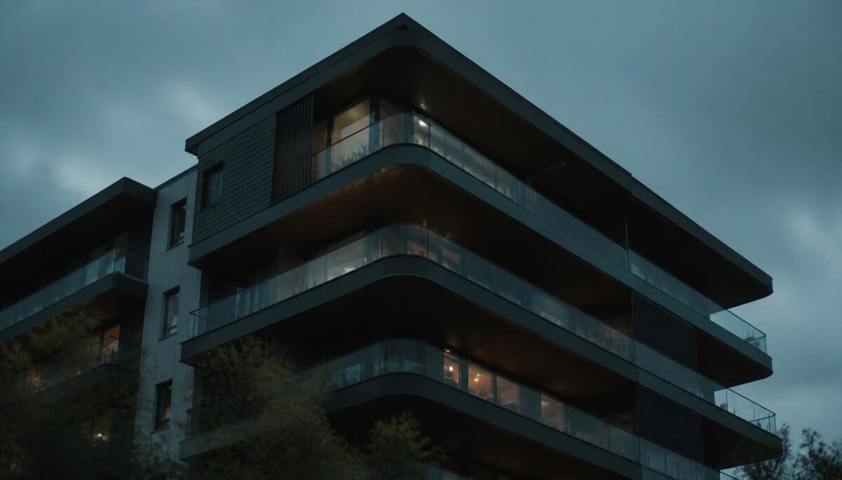 Dusk exterior of a contemporary Australian residential apartment building in muted teal light.