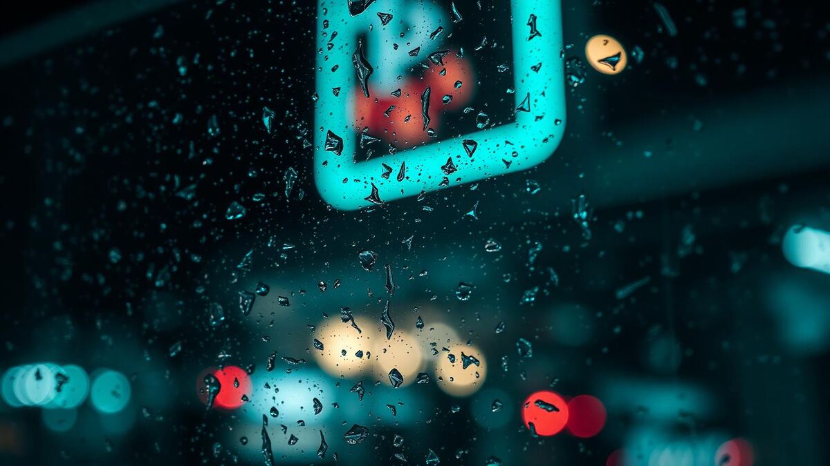 Night-time detail of a shopfront window with muted teal neon reflections on rain-flecked glass.
